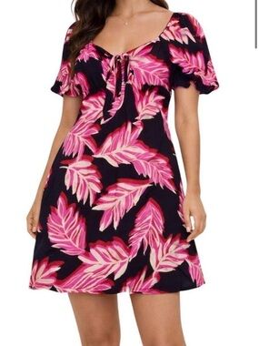 Who What Wear Navy Mini Dress with Pink Leaf Print